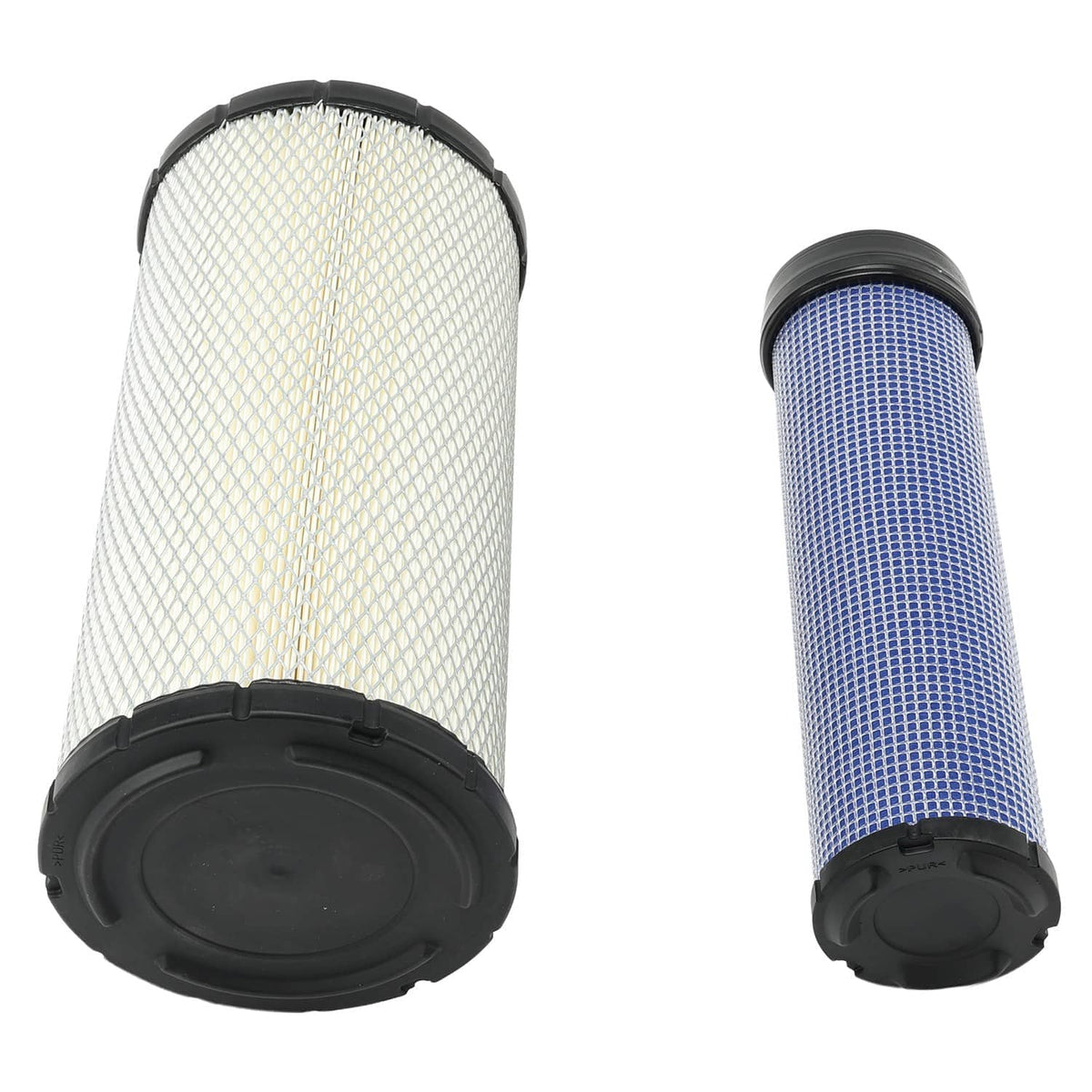 Air filter kit with white and blue pleated cartridges and black end caps