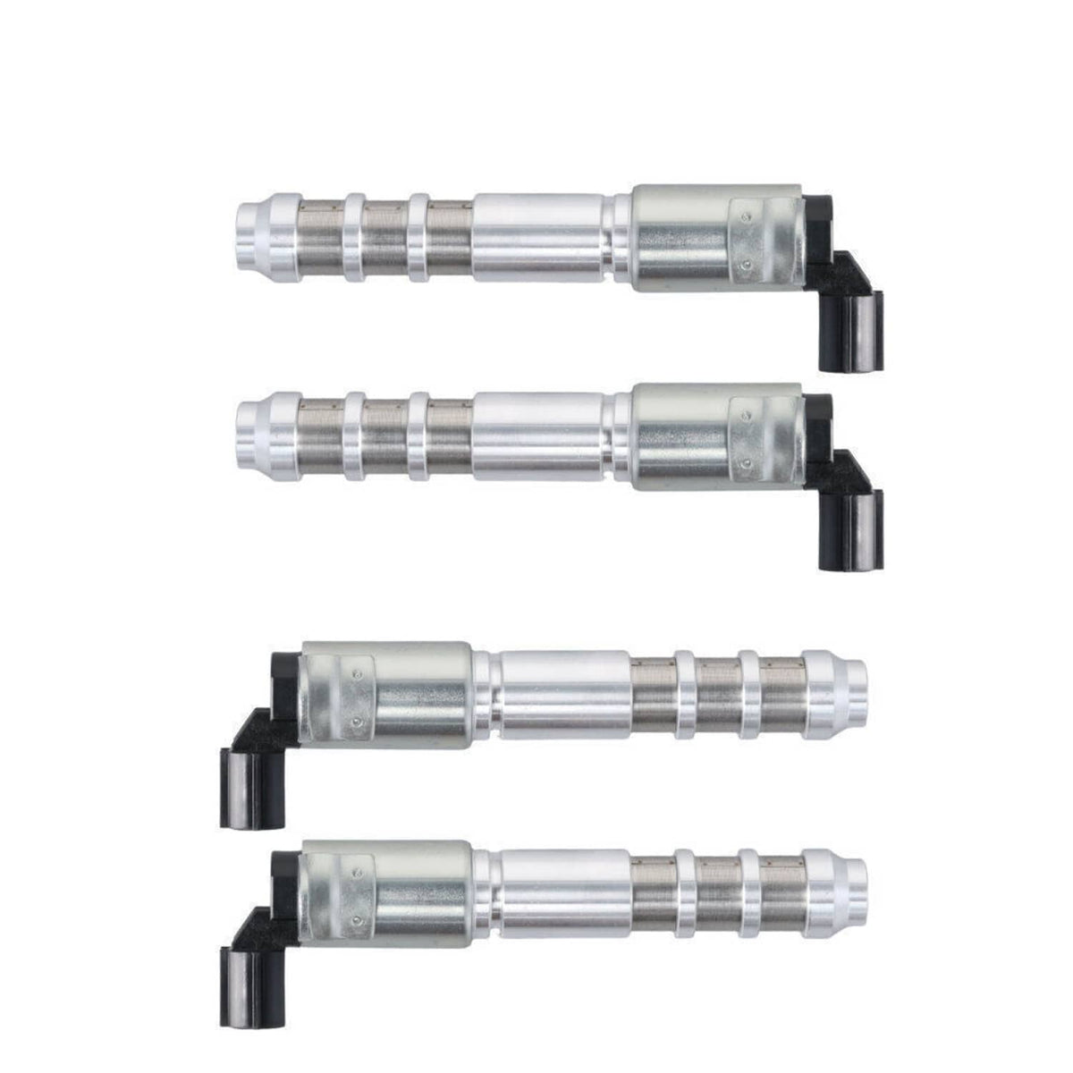 Three variable timing solenoids laid out with black connectors and silver cylinders
