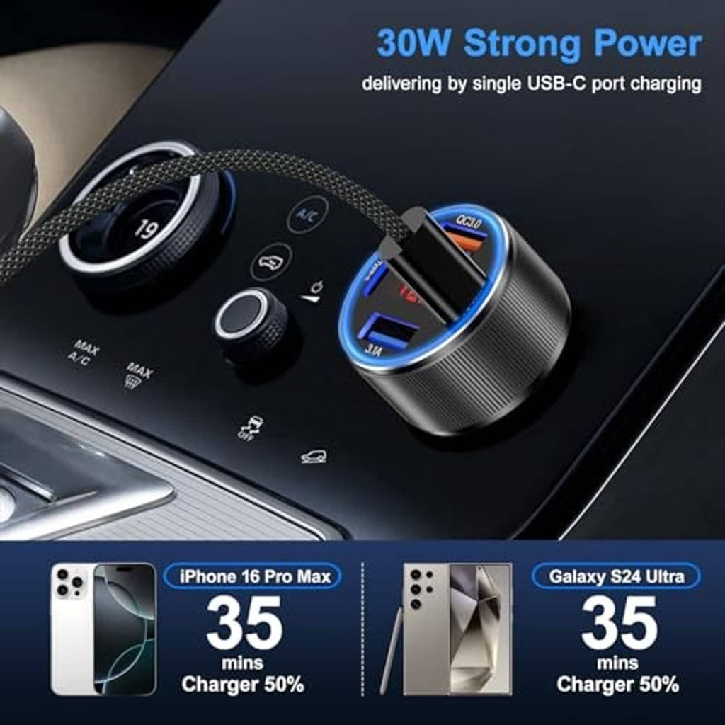 Black USB-C car charger with braided cable, blue LED ring, digital 12.5V on dash.