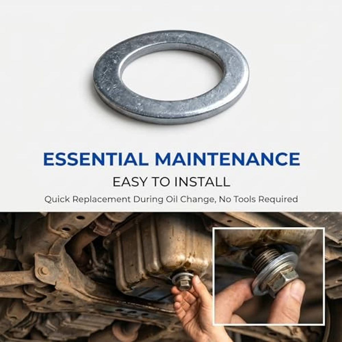 Aluminum drain plug crush washer for oil change, flat metallic silver ring