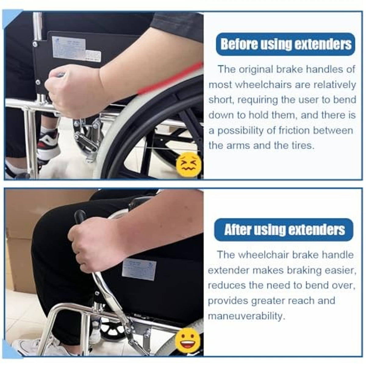 Installed wheelchair brake handle extenders with chrome arms and black grip covers