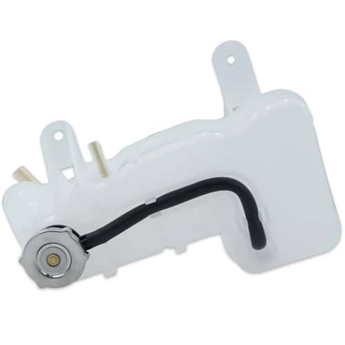 White engine coolant reservoir tank with black hose and metal cap, side view
