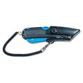 Box cutter knife with blade shield and lanyard, dark blue and black handle.