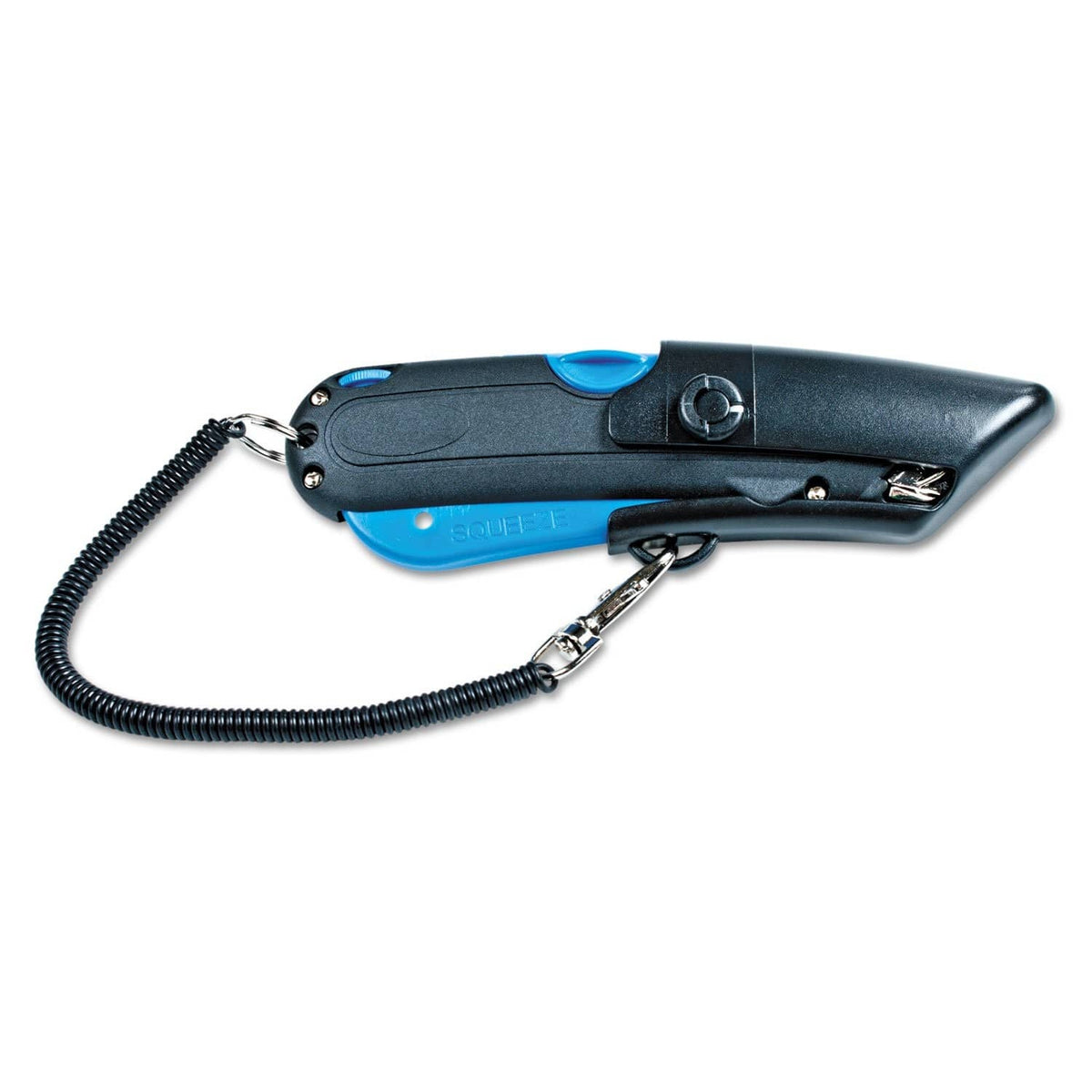 Box cutter knife with blade shield and lanyard, dark blue and black handle.