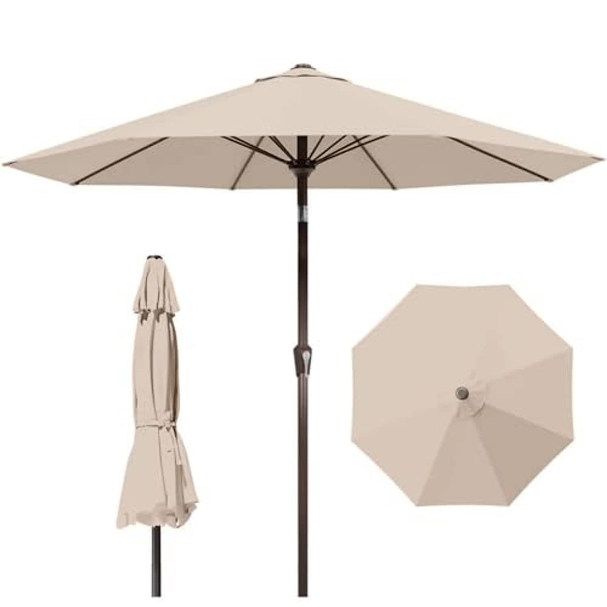 Beige patio umbrella open with dark pole, crank mechanism, and matching folded side cover