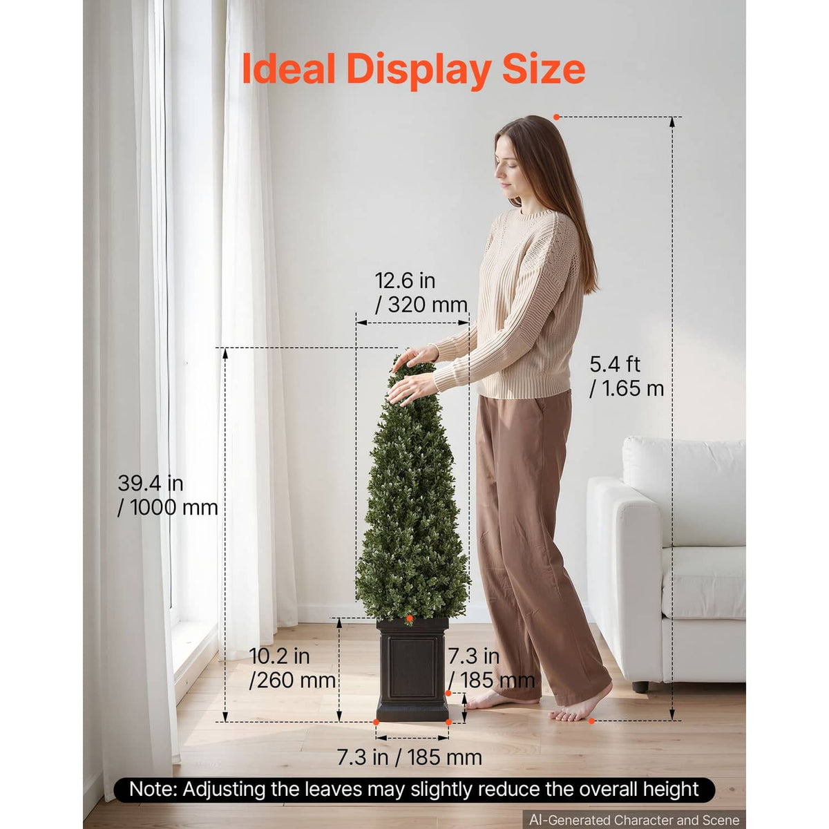 Artificial boxwood topiary with person adjusting, dark green cone tree in black pot