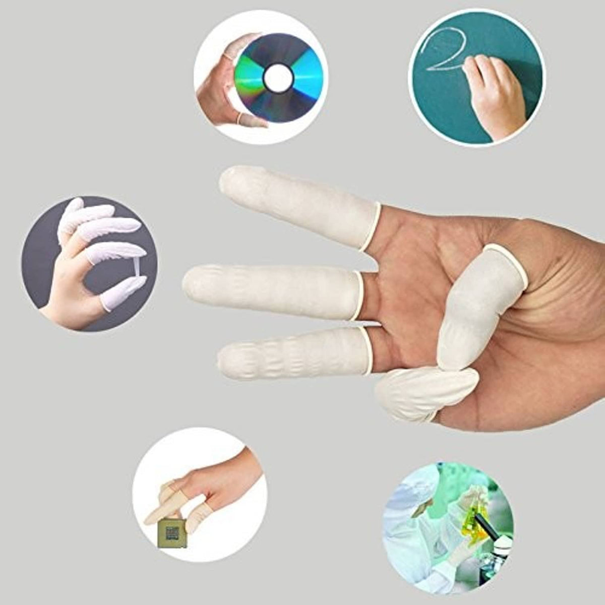 Multiple white latex finger cots being worn on fingers for disposable coverage