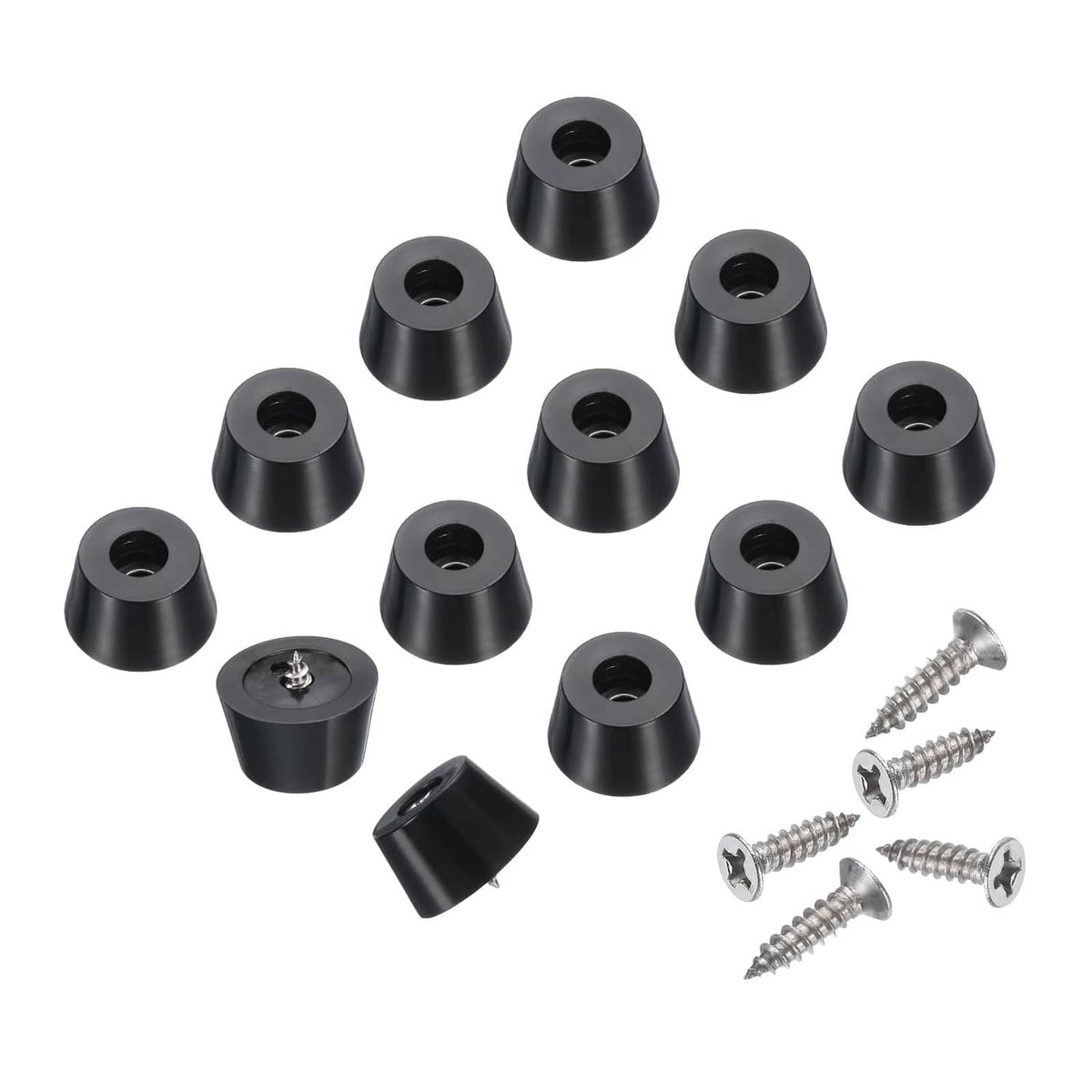 24-piece set of conical black rubber bumpers with threaded holes and screws