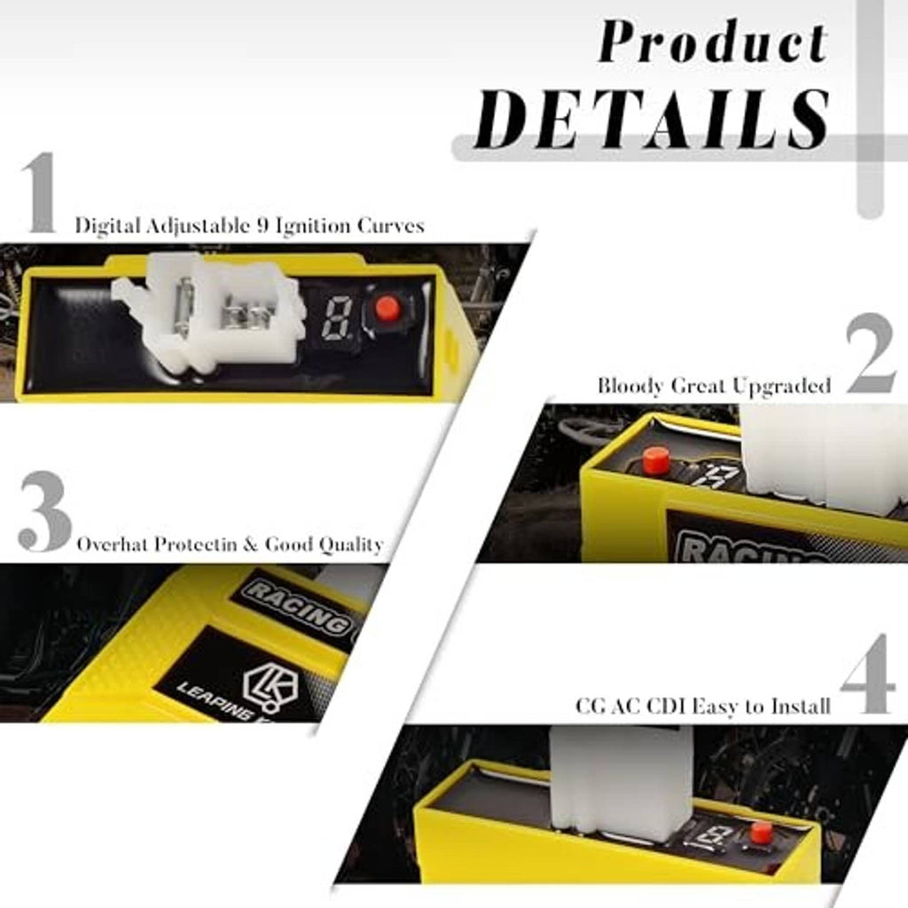 Yellow CDI unit open to show white harness connector and red control button