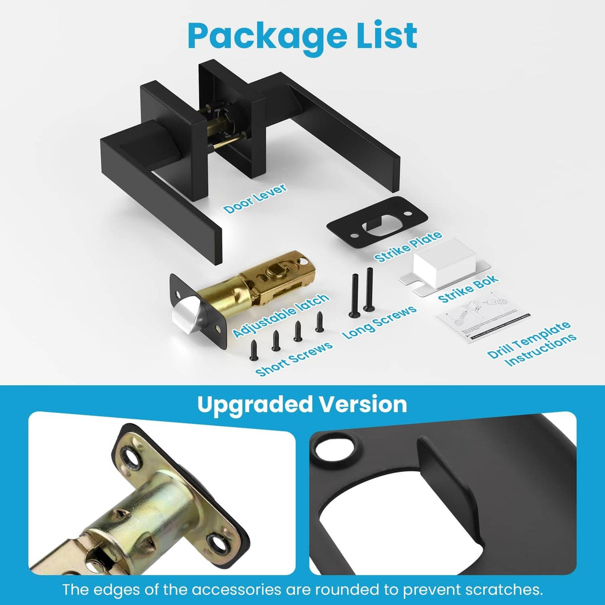 Matte black door lever hardware kit with strike plate and latch parts, upgraded set