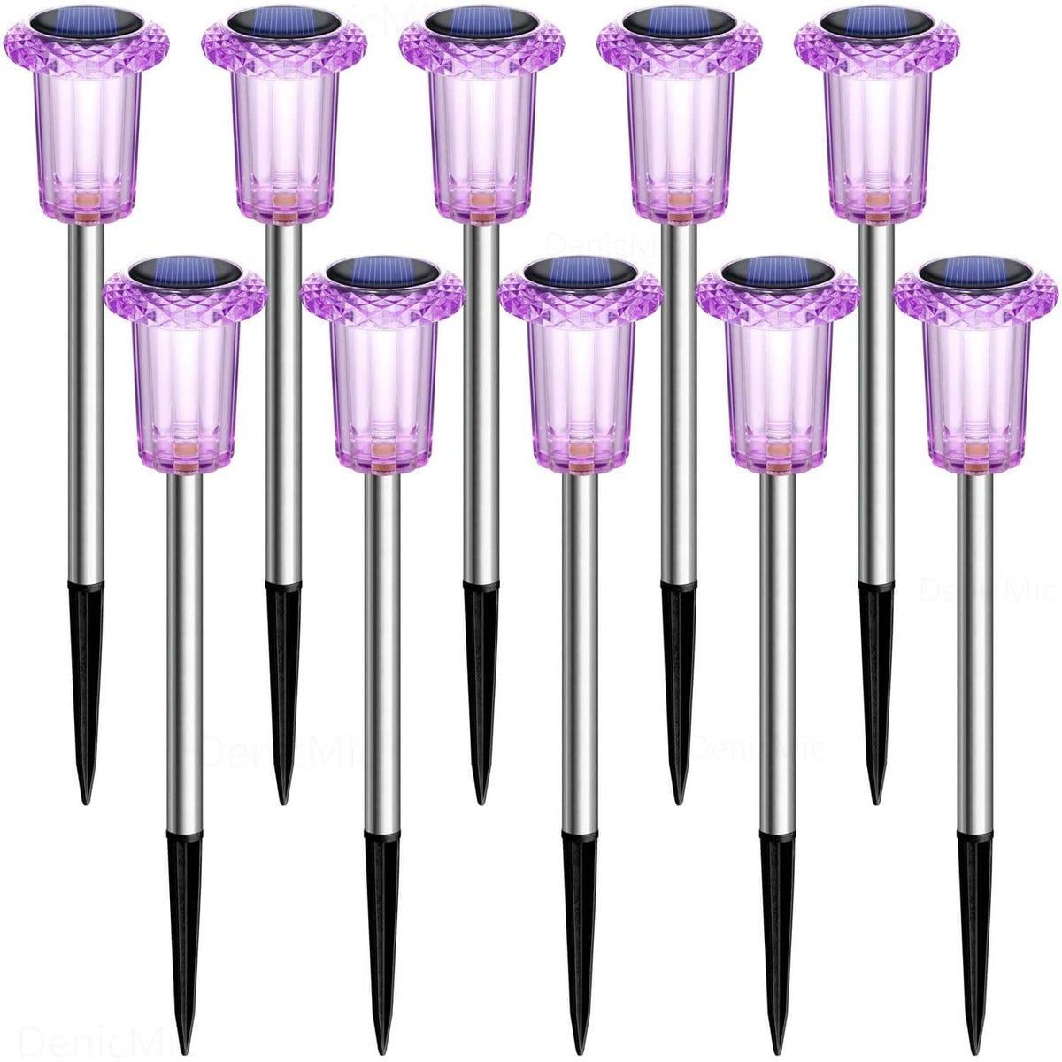 10-pack purple solar spike lights with round lamp heads and stainless-steel stakes