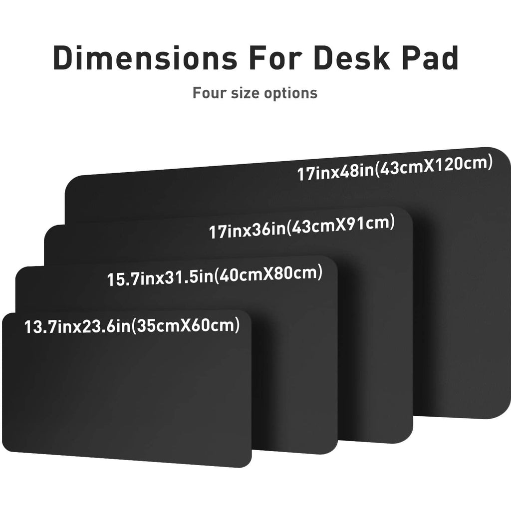 Black desk pad protector shown in multiple sizes for different desk setups