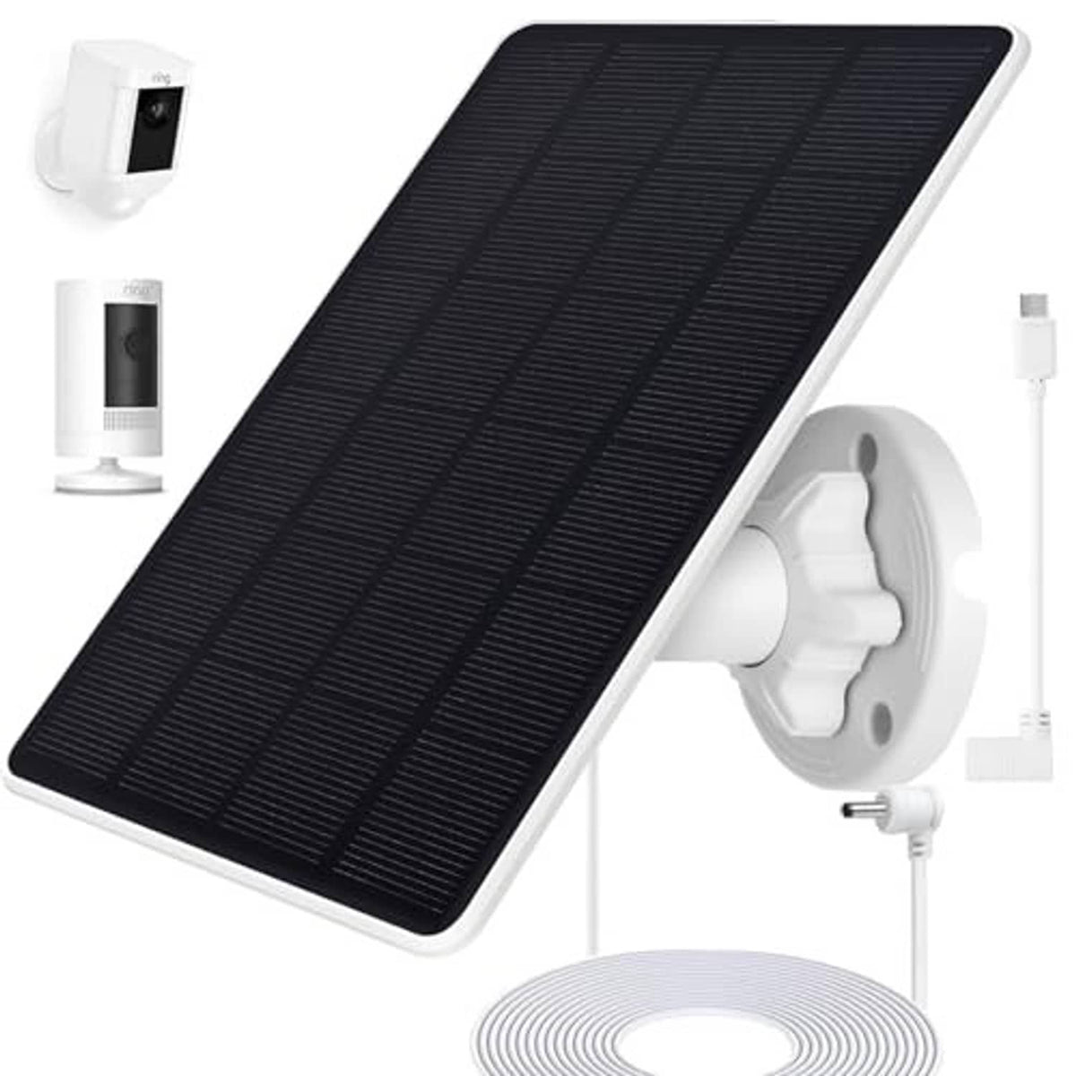 Solar panel charging kit with dark photovoltaic panel, white mounts, and cable