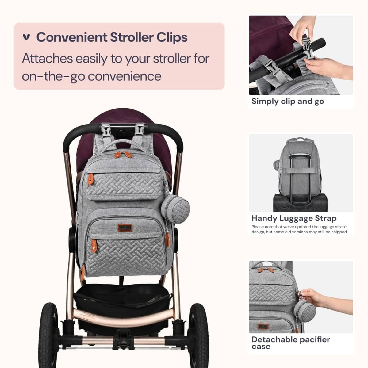 Light gray diaper bag backpack with stroller clips and detachable pacifier case