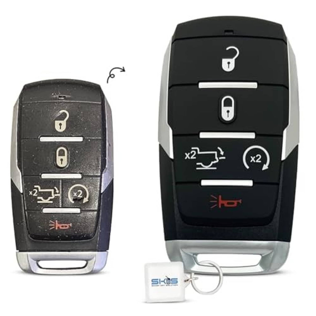 Black replacement remote key fob shell, angled view with key ring and button icons