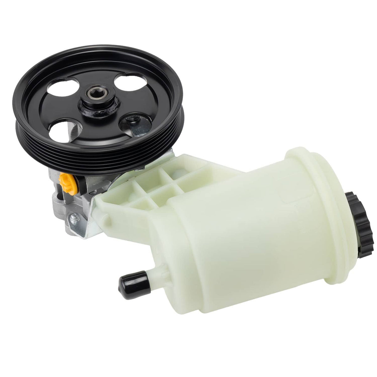 Power steering pump with black pulley and light-tan filter housing, metal mounting