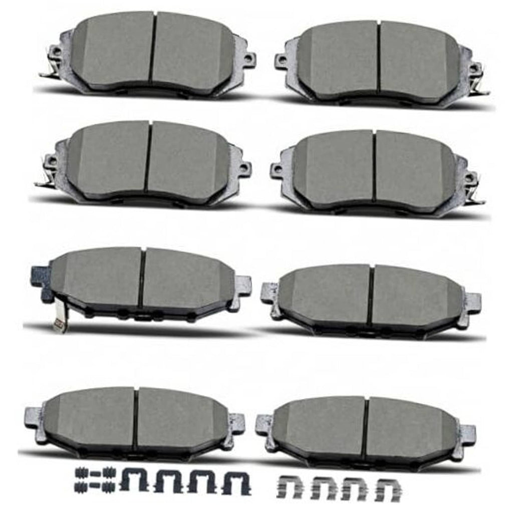 Ceramic brake pad set with metal clips, gray friction pads arranged in a set
