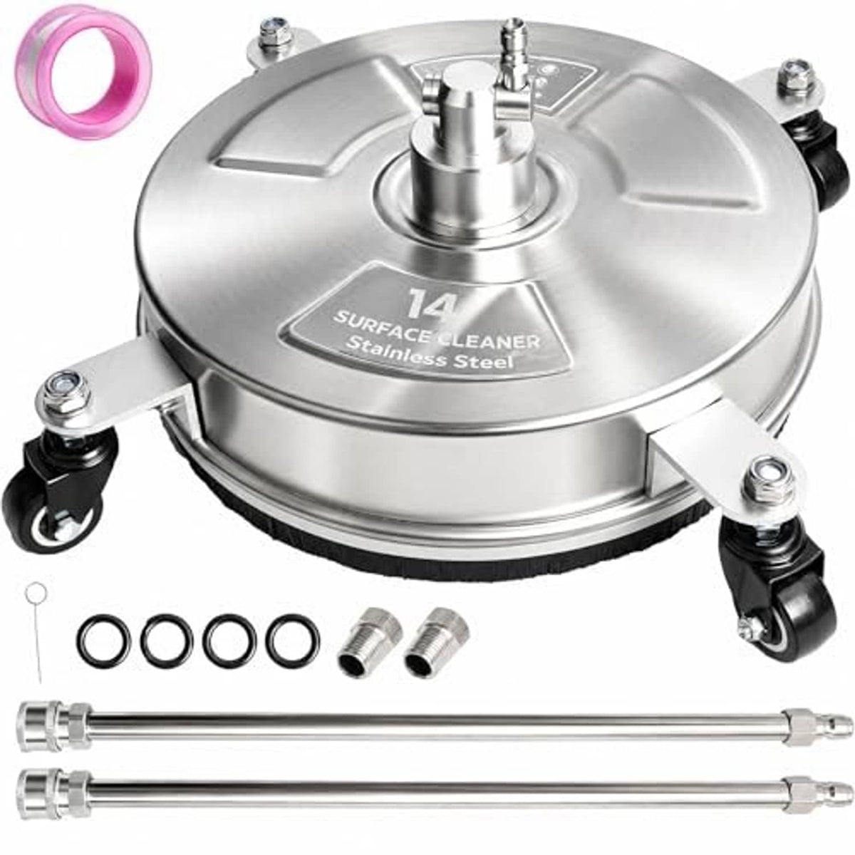 Stainless steel 14-inch surface cleaner head with dual nozzles and four wheels