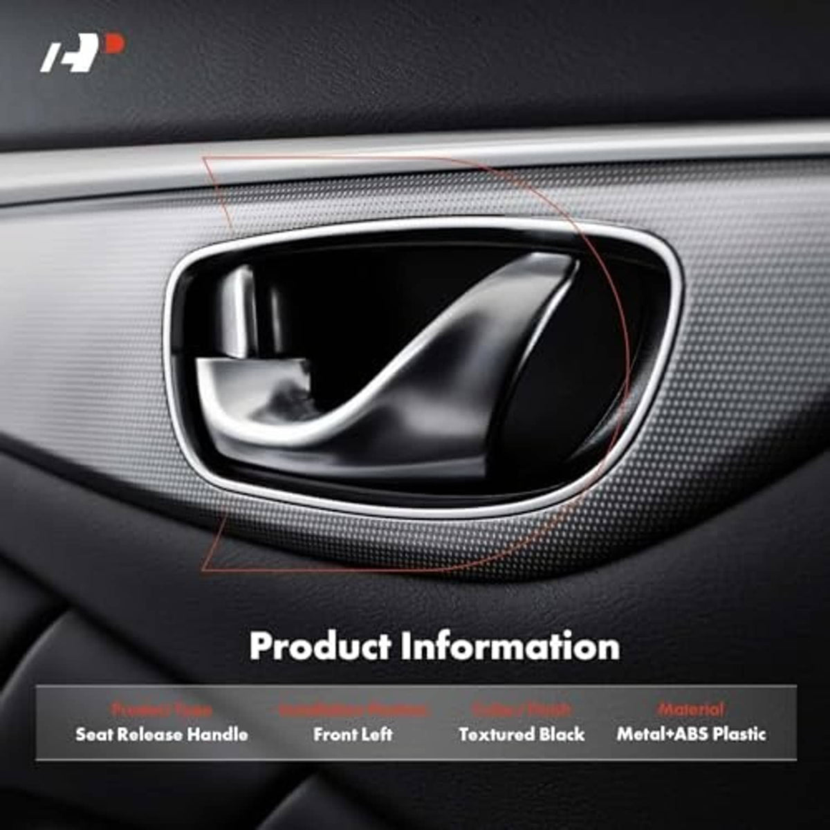 Textured black seat release handle with silver interior bezel on car door panel