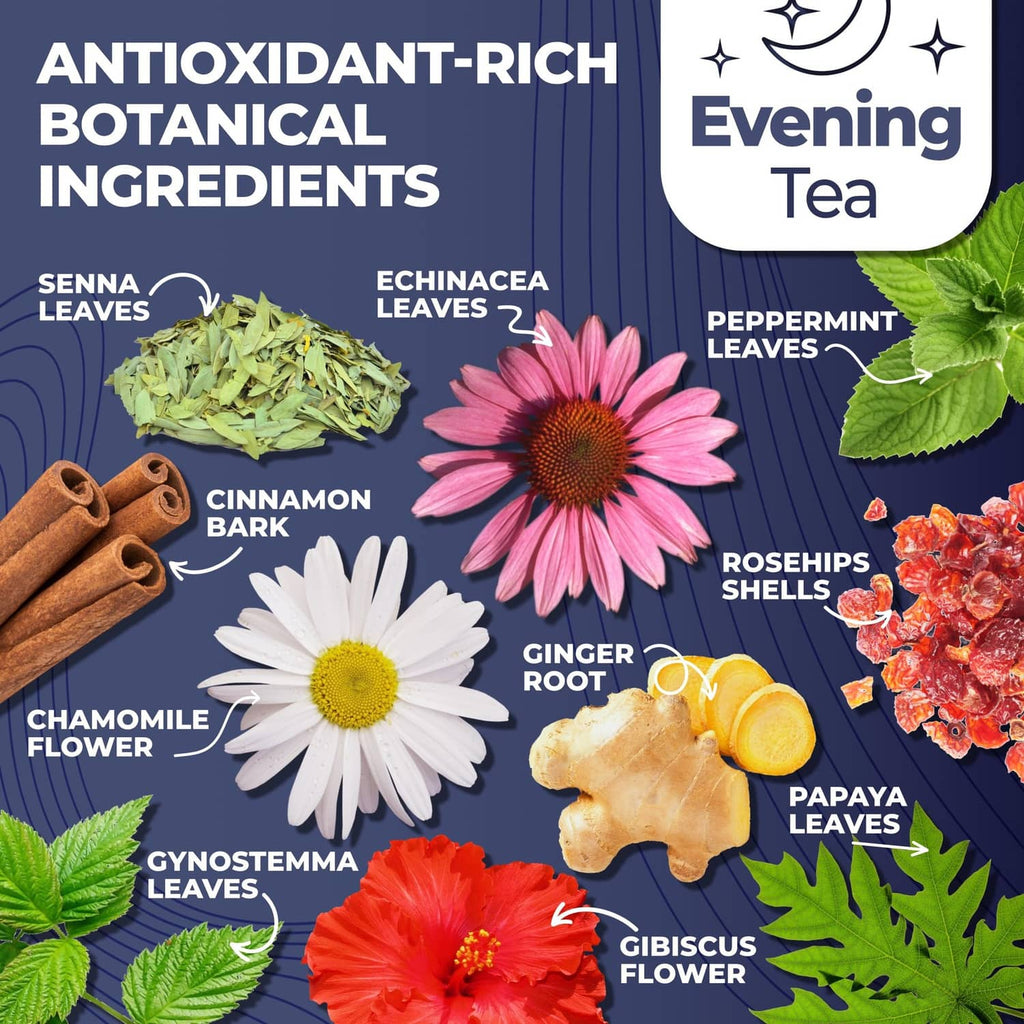 Tea ingredient collage with senna, echinacea, peppermint, ginger, and cinnamon