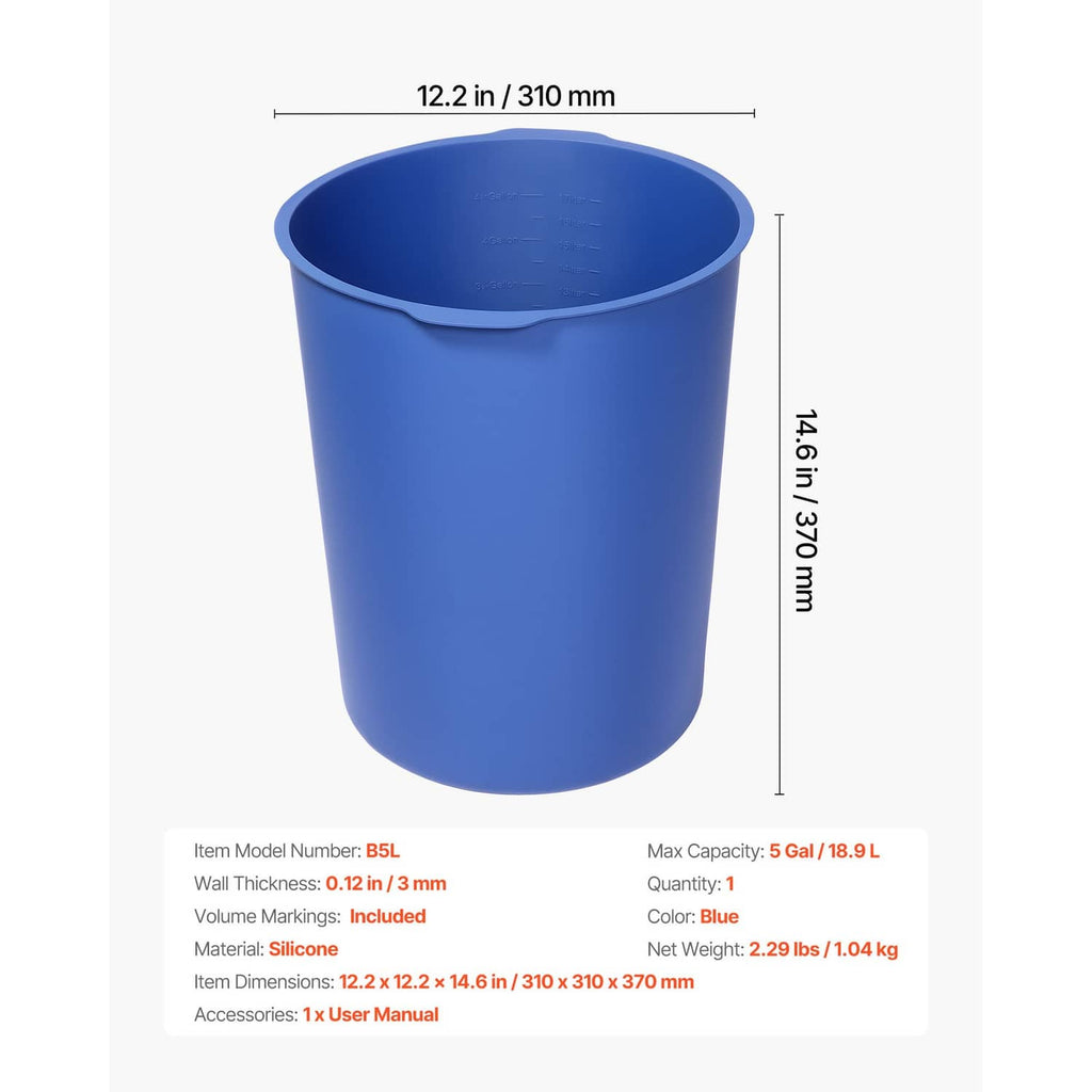 Blue silicone liner with diameter and height measurements, 5-gallon capacity