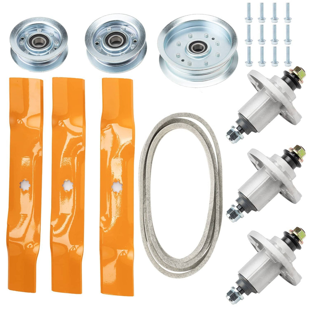 Deck belt pulley rebuild kit parts: pulleys, spindle shafts, orange belt strips, hardware
