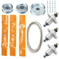 Deck belt pulley rebuild kit parts: pulleys, spindle shafts, orange belt strips, hardware