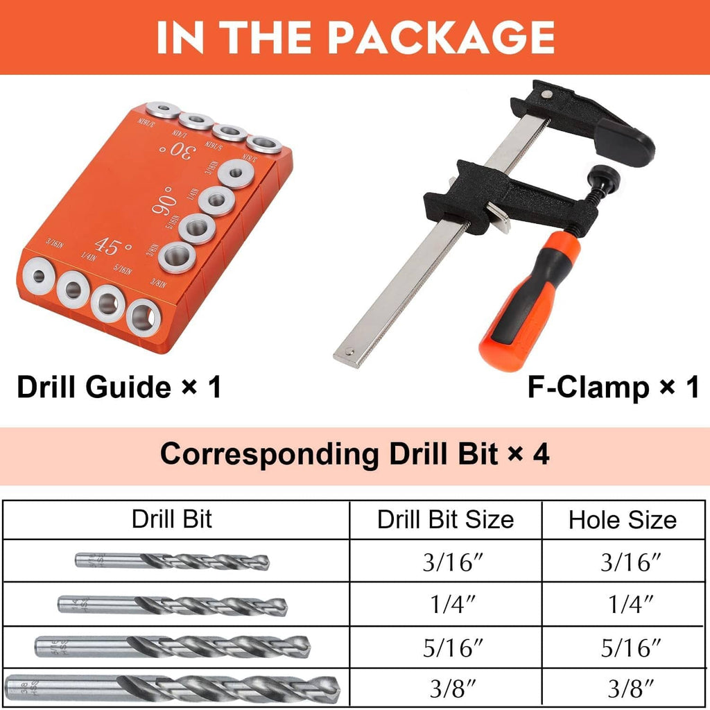Orange drill guide jig kit with F-clamp and four corresponding drill bits