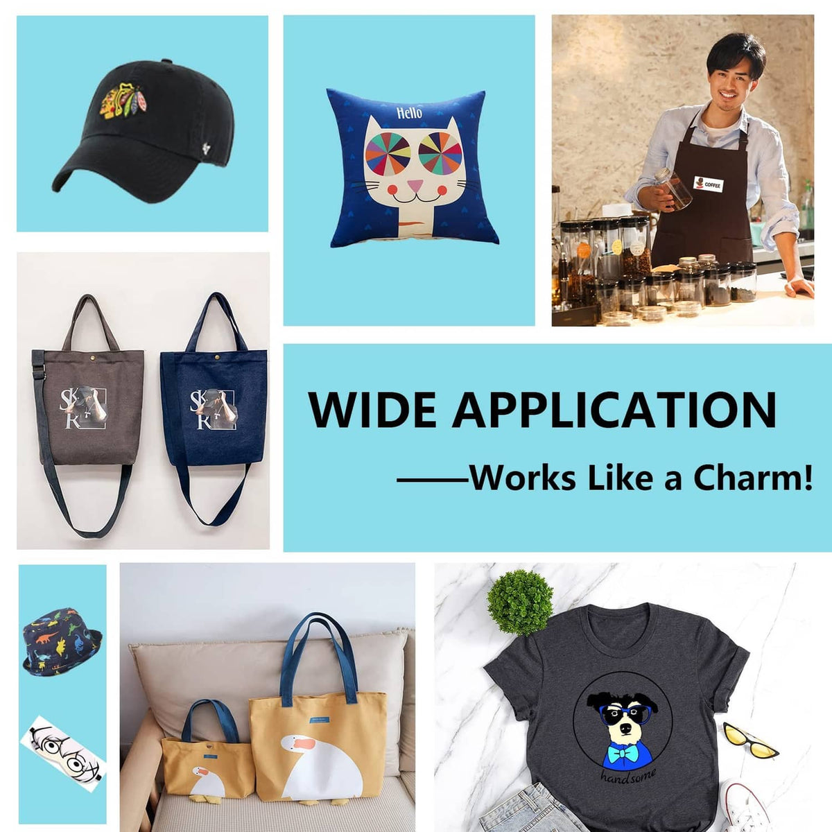 Sublimation HTV wide application on hats, pillows, tote bags, and T-shirts