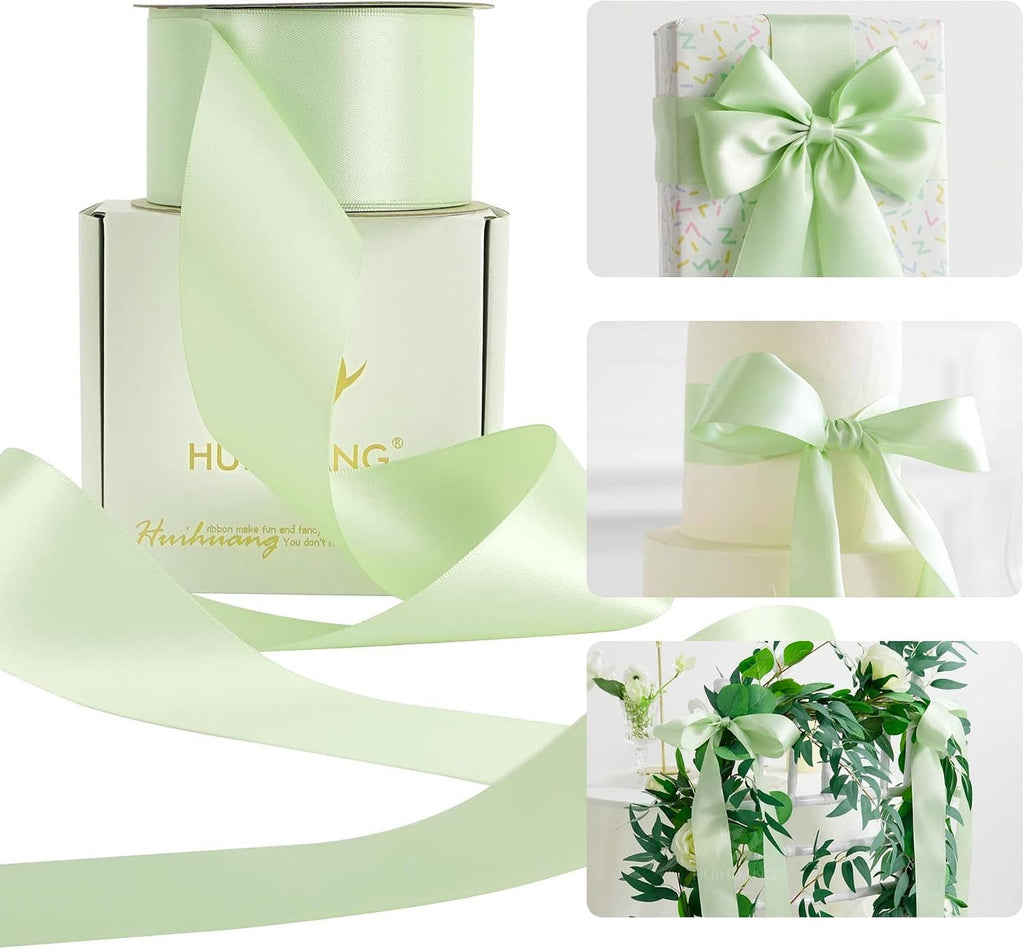 Seafoam green satin ribbon unrolled in long curves, shown with gift bow accents.