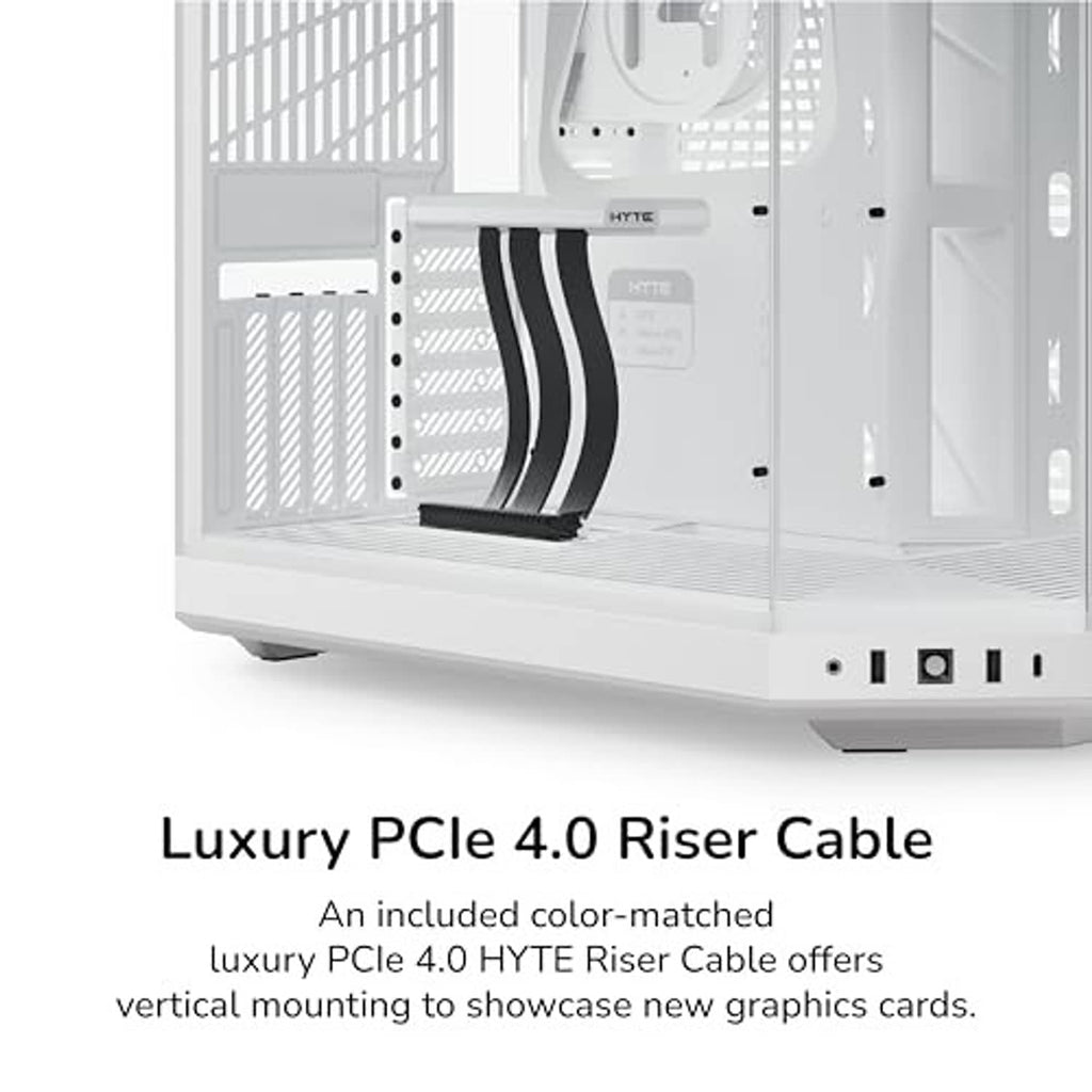 Snow white PC case front window with black fan shroud and I/O ports