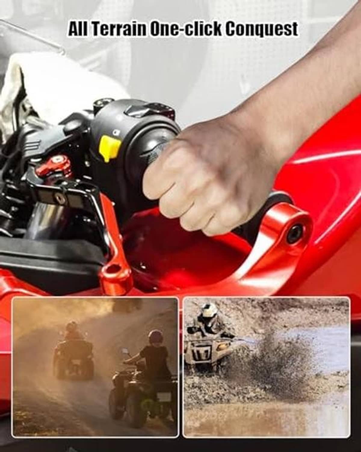 Thumb throttle control lever with yellow button under rider hand on ATV handlebar