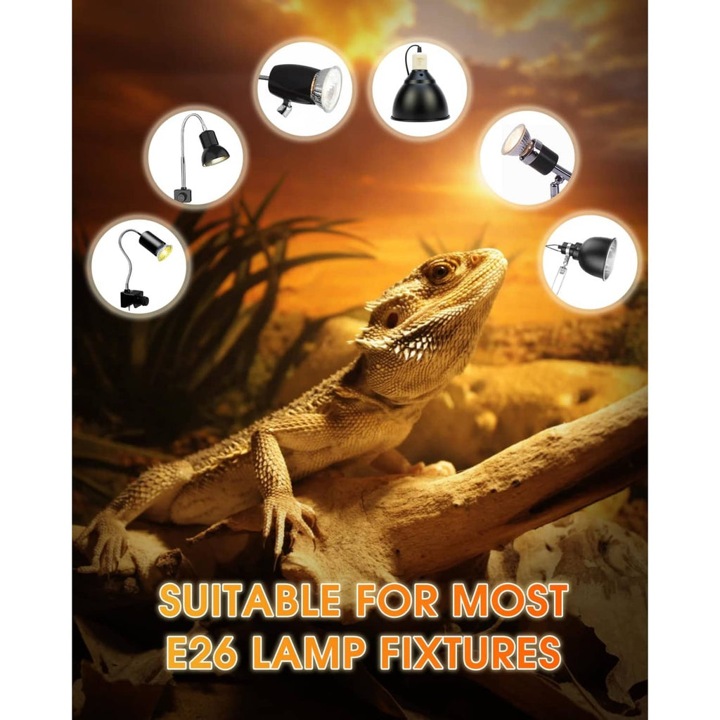 UV basking heat lamp bulb with E26 base shown in multiple fixture lighting