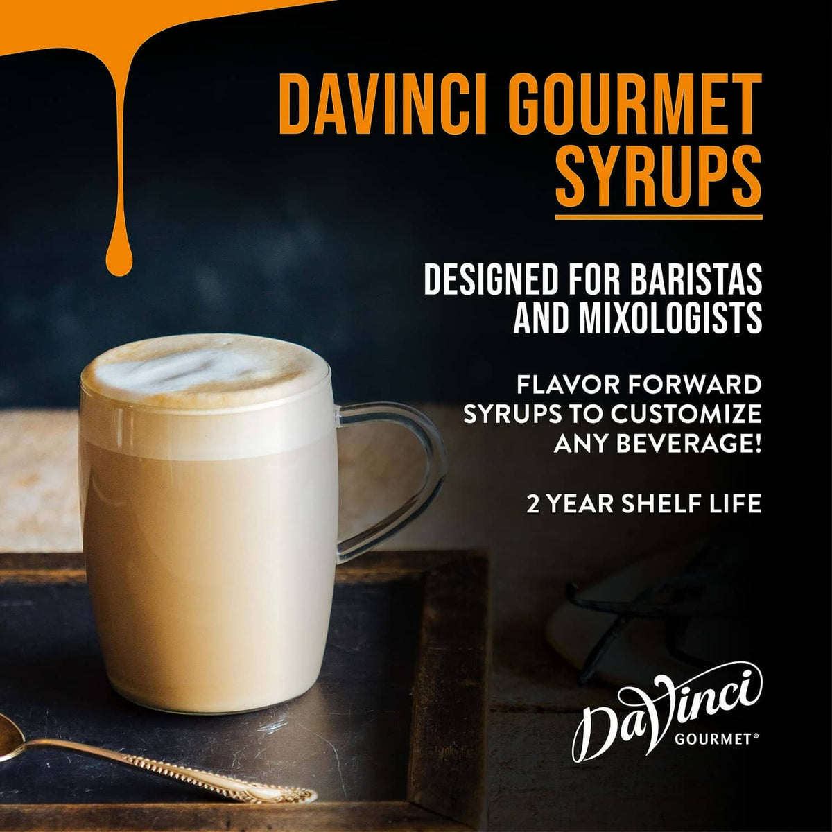 DaVinci Gourmet syrup ad with latte mug and creamy foam