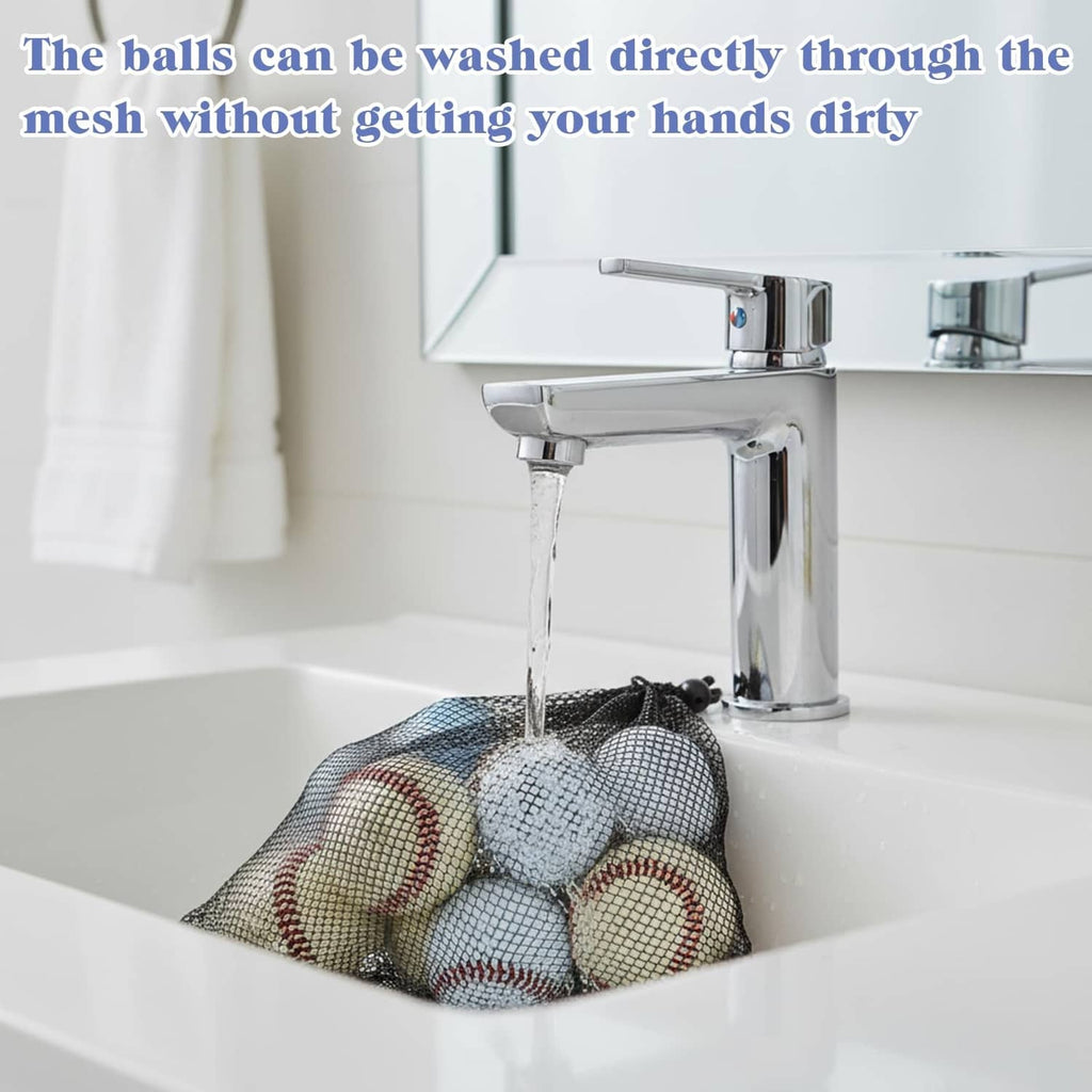 Nylon mesh golf ball bag with drawstring, balls inside for washing in sink