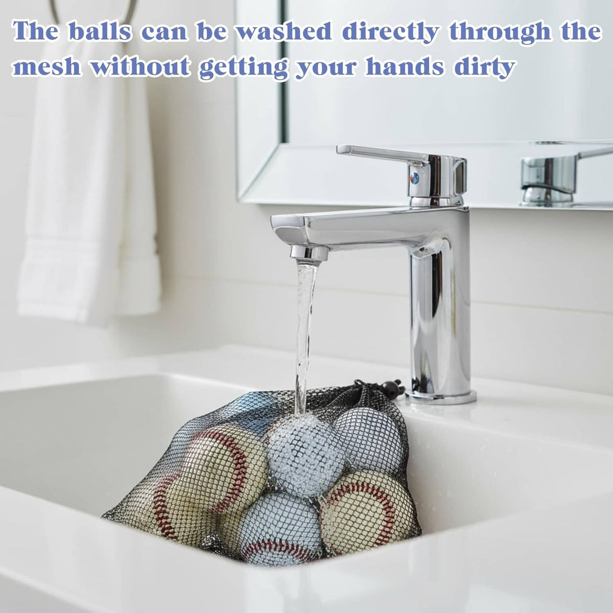 Nylon mesh golf ball bag with drawstring, balls inside for washing in sink