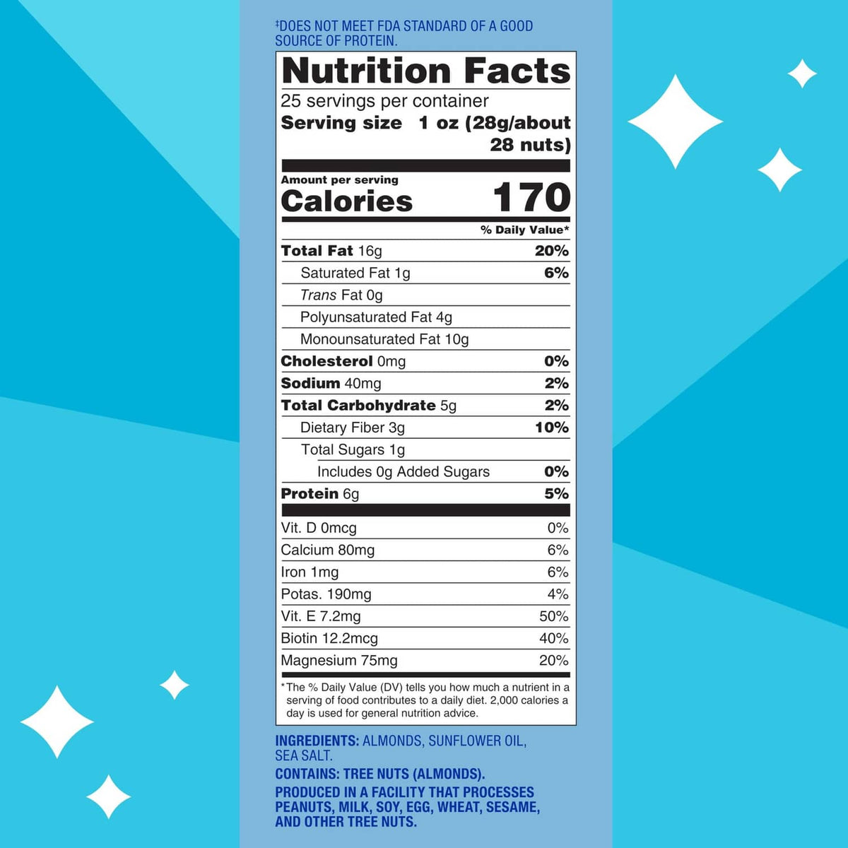 Blue Diamond lightly salted almonds nutrition facts panel on the back of the bag