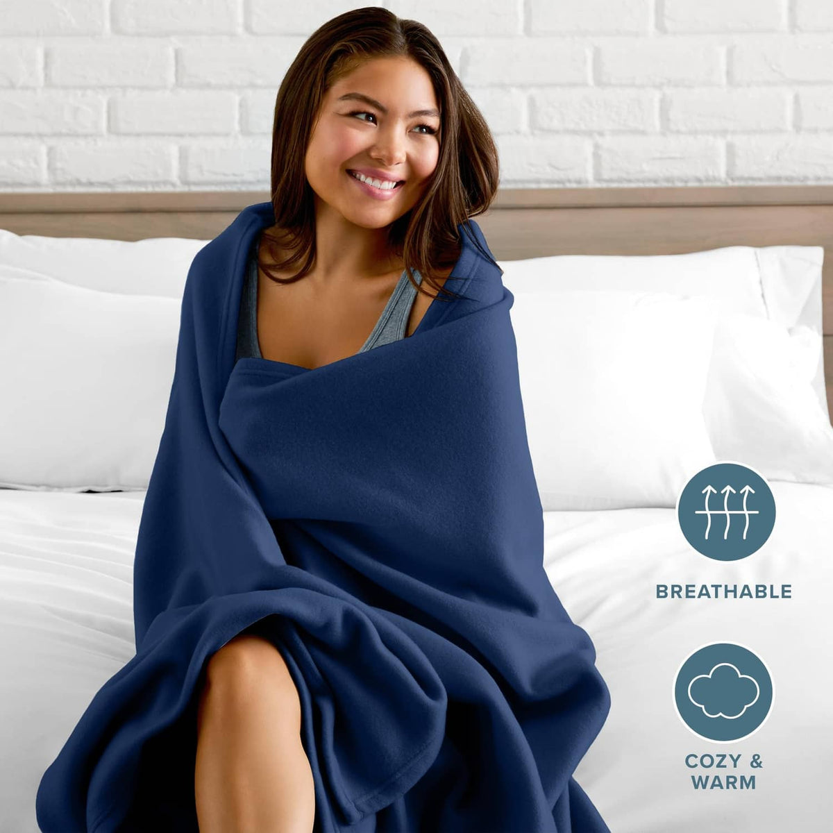 Dark blue blanket wrapped around a person, breathable and cozy-warm style