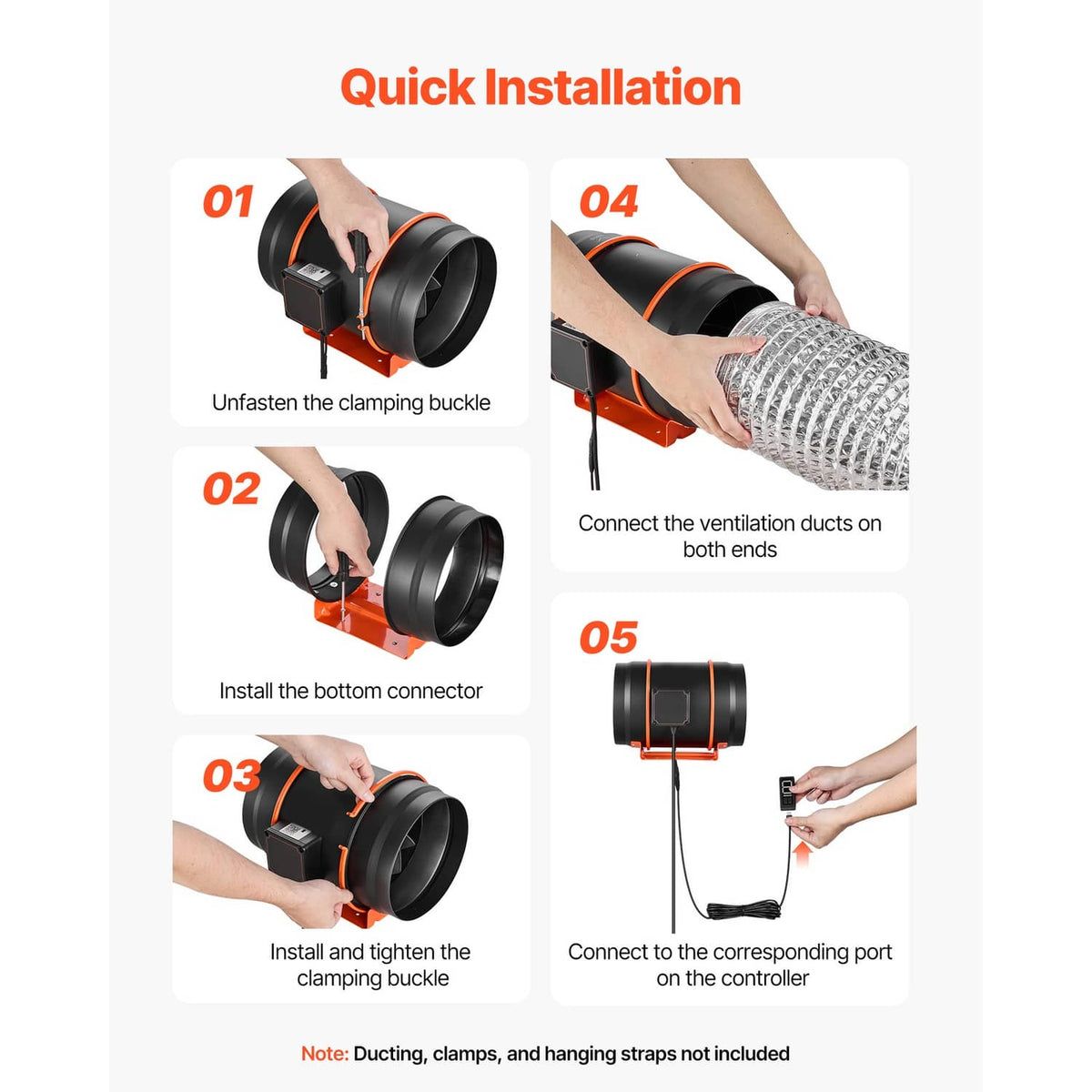 Quick installation steps graphic for inline duct fan showing duct and controller connections