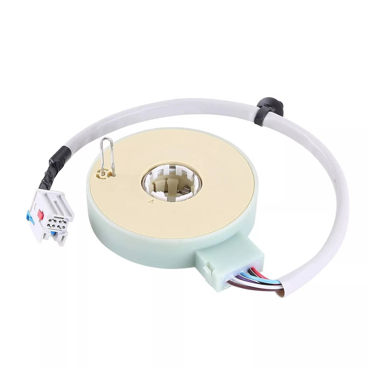 Beige sensor center on light teal base with wiring leads and white connector plug