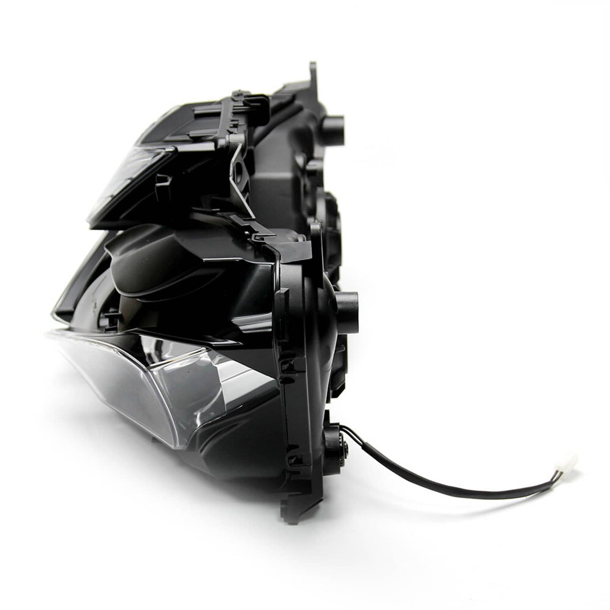 Front headlight assembly rear view with black mounting bracket and attached wiring.