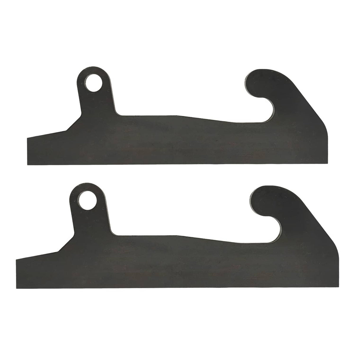 Two black loader quick-attach brackets with round mounting holes and U-shaped cutouts