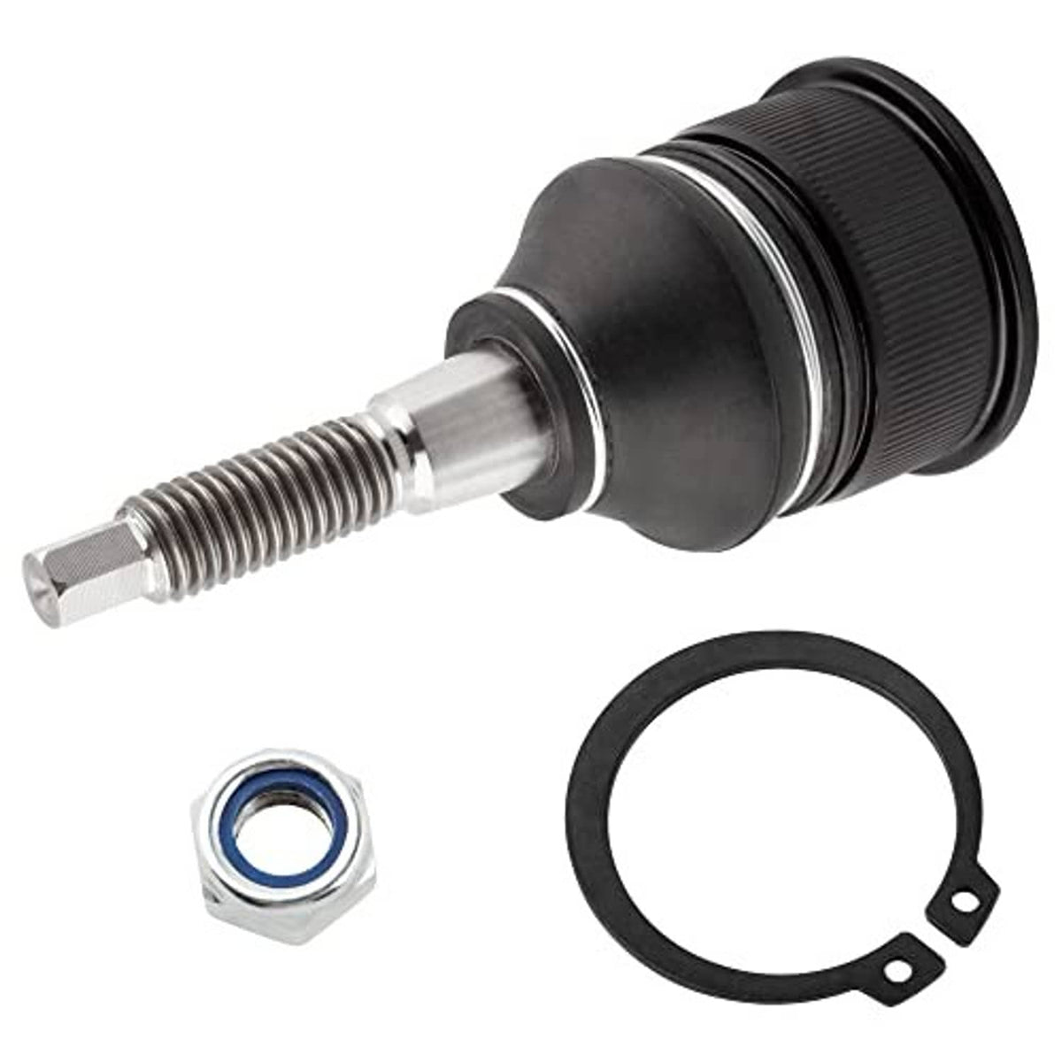 Front upper ball joint with black rubber boot, chrome stud, nut and snap ring included