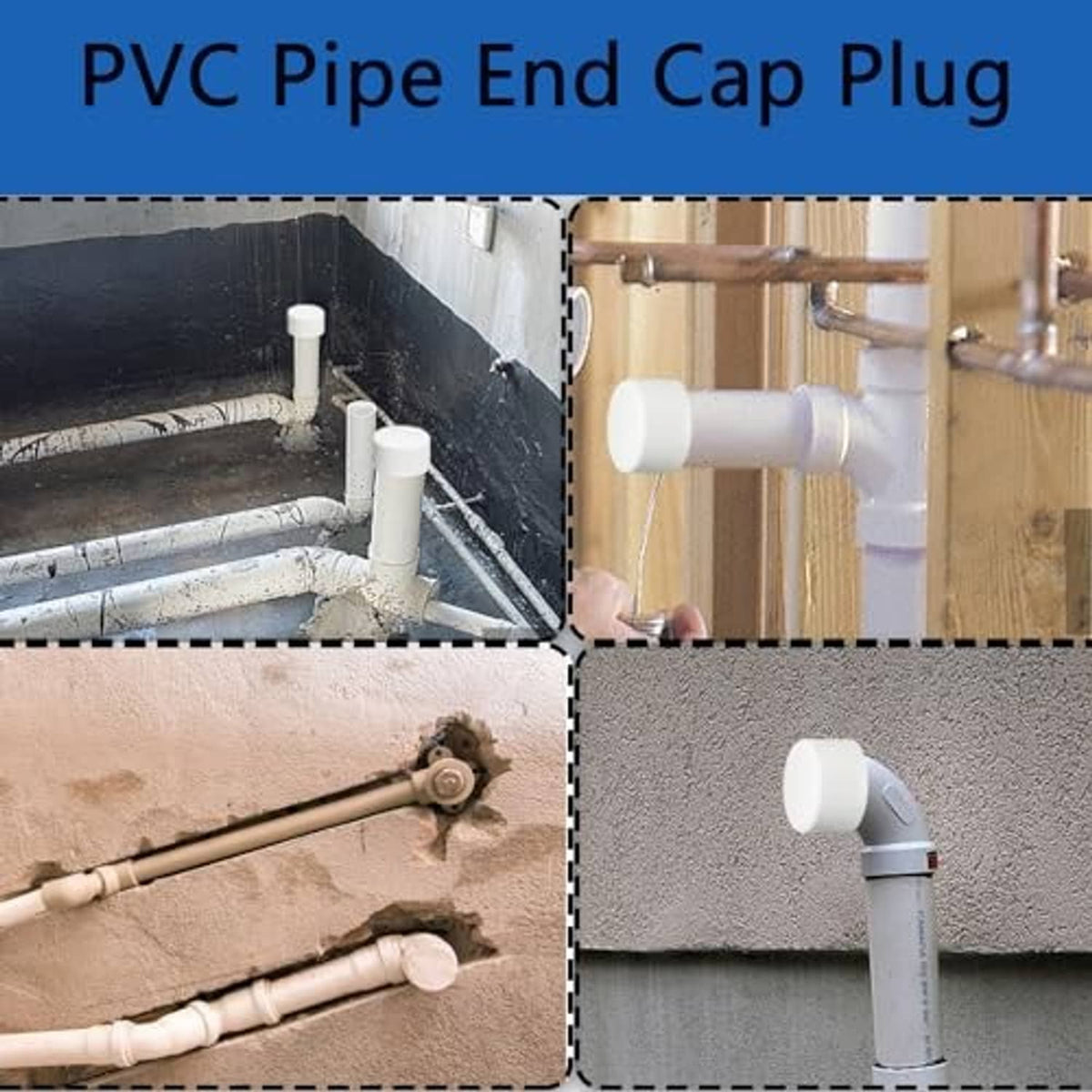 White PVC pipe end cap plug installed on pipe ends across a plumbing layout