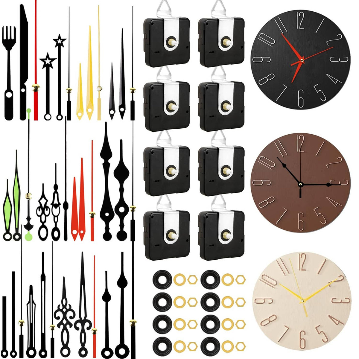 Clock movement replacement set with black and gold hands and round clock dials