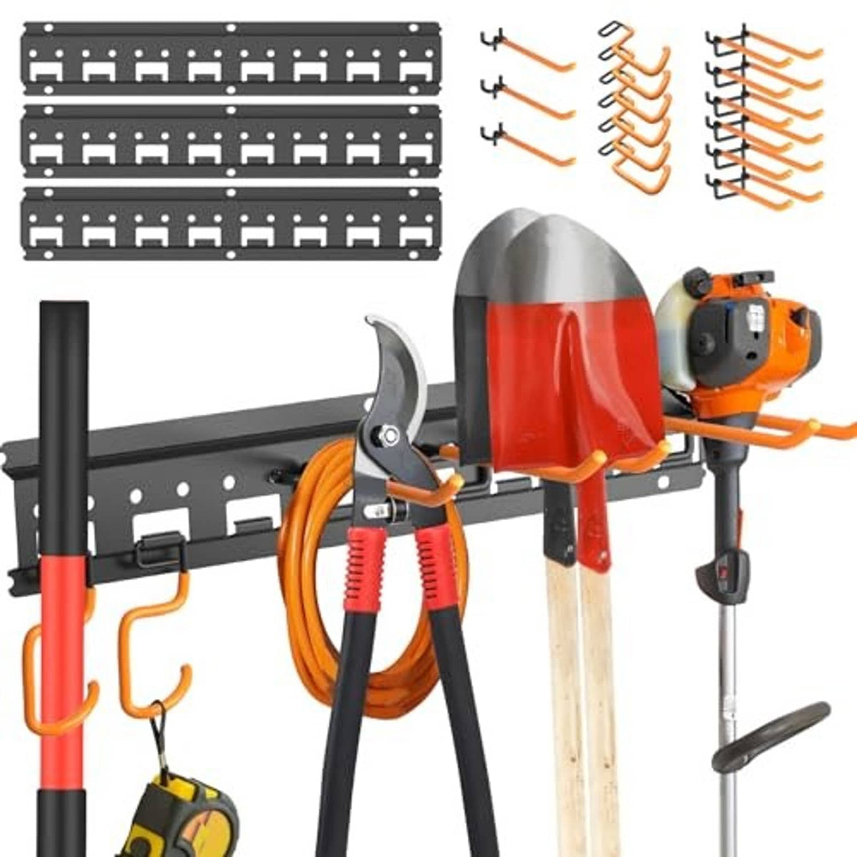 Black wall-mounted tool organizer rail with orange hooks holding garden tools