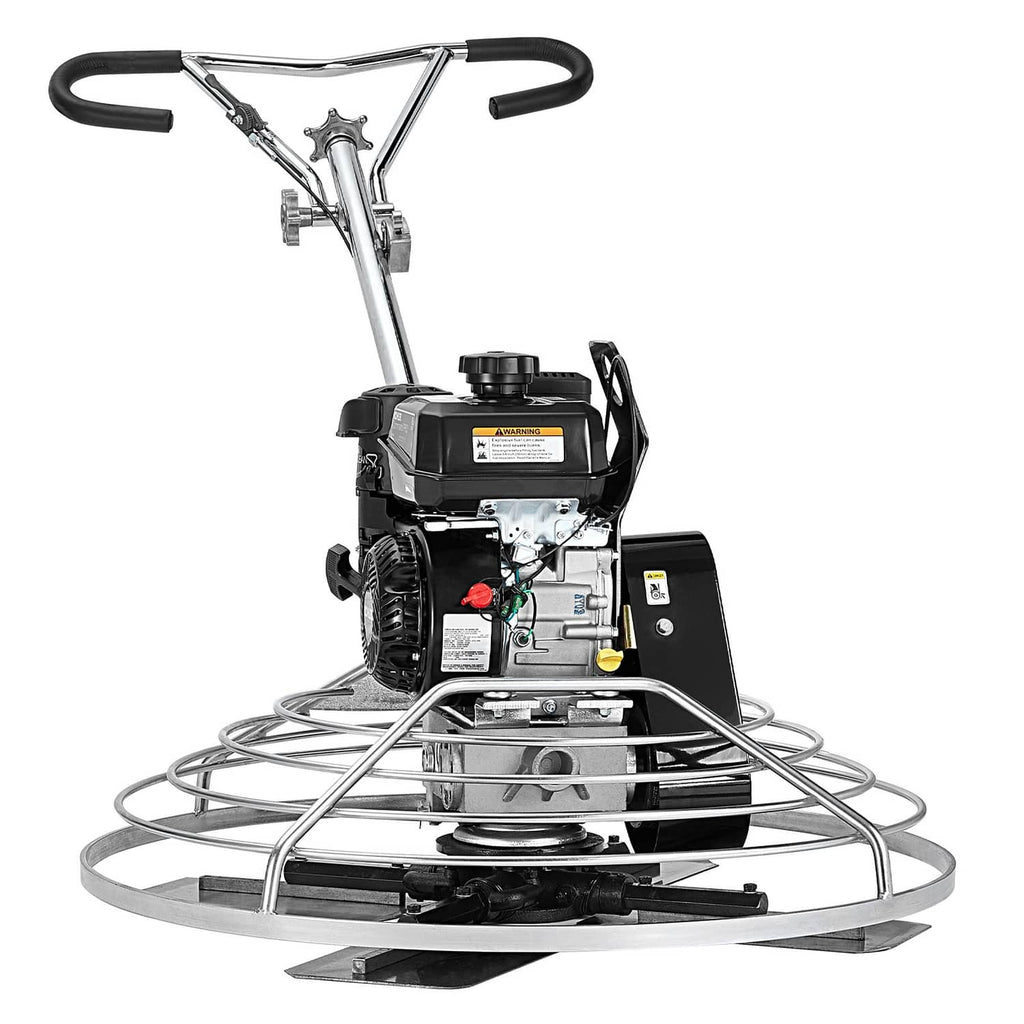 Walk-behind cement power trowel with gas engine and central rotating blade housing