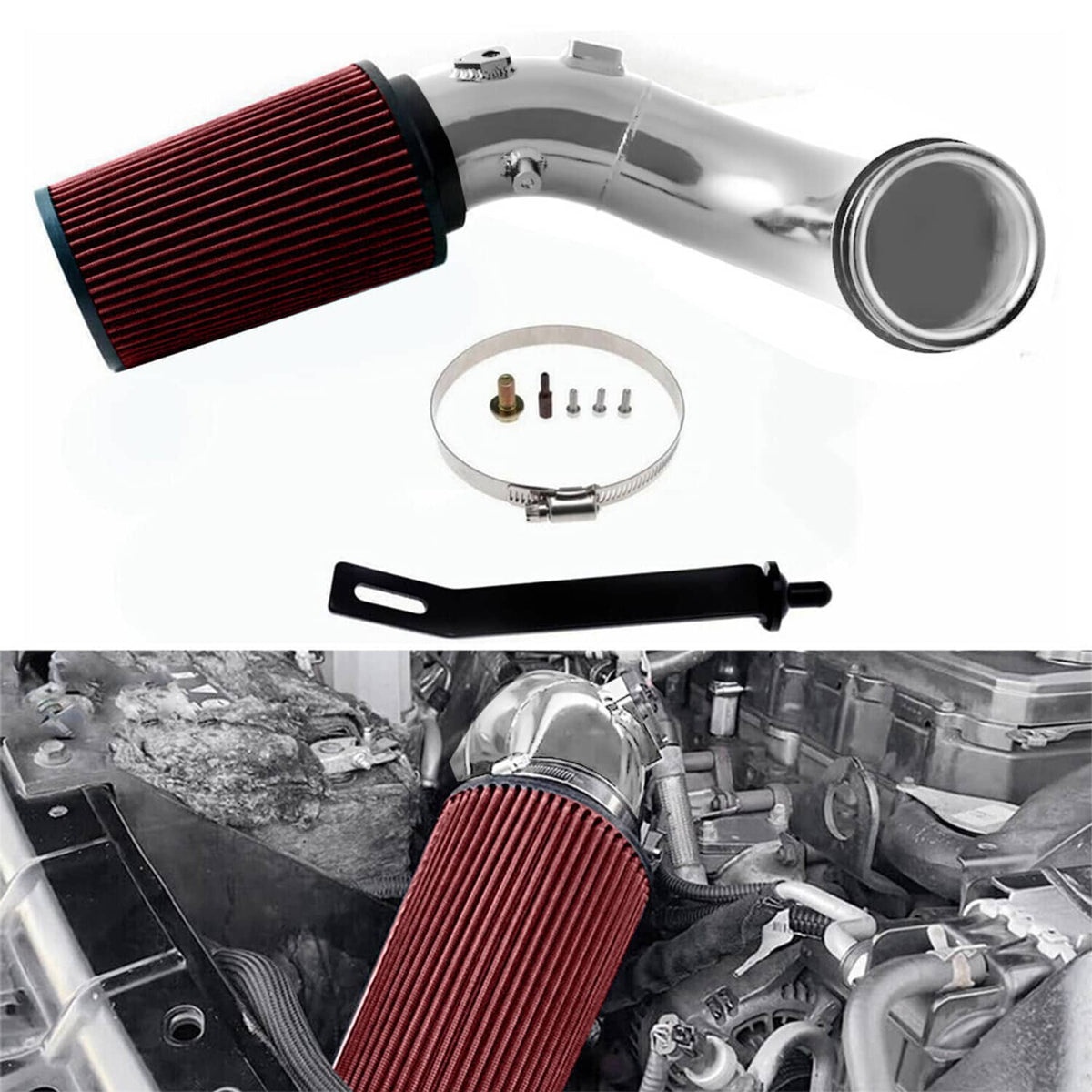Cold air intake kit with red filter, chrome piping, clamp, and included fasteners