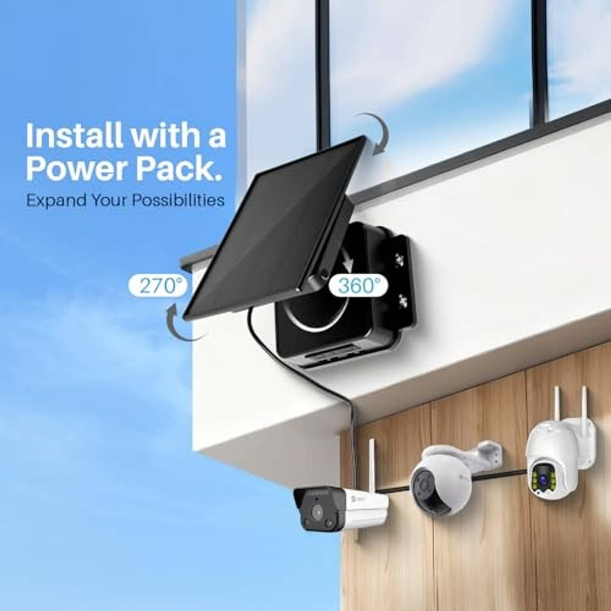 Adjustable solar panel charger wall mount with connected power pack and camera