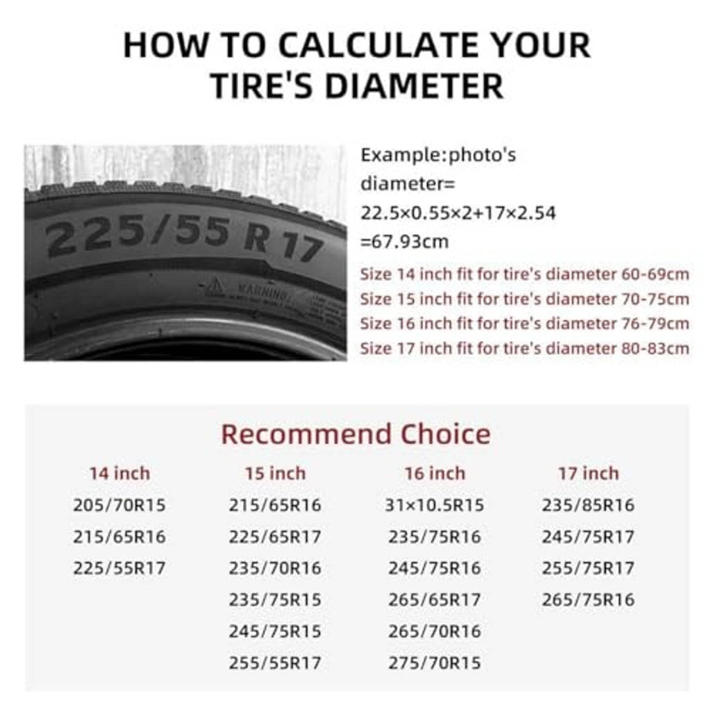 Spare tire cover size chart for 14–17 inch fit with recommended tire sizes